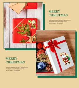 Detail of cartoon Santa Claus gold foil stickers on Christmas gift boxes