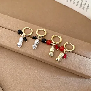 Vintage peanut pendant hoop earrings with crystal beads in gold and silver finish
