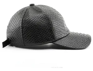 Side view detail of black baseball cap with premium faux crocodile leather texture