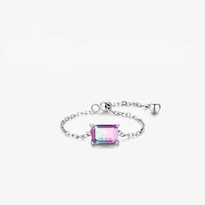 925 Sterling Silver Adjustable Chain Ring With Rectangle Gradient Gemstone Sweet Elegant Jewelry For Women