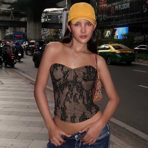 Haut Corset En Dentelle Sexy Pour Femmes Coupe Ajustée Dos Nu Bustier Sans Bretelles Motif Floral Tenue De Soirée