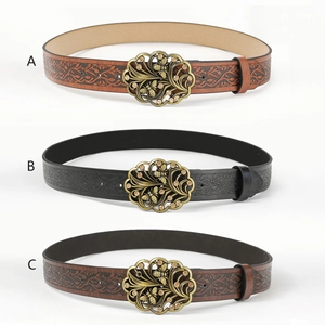Women Retro Bohemian Belt PU Leather Embossed Floral Pattern Bee Flower Alloy Buckle Rhinestone Western Style