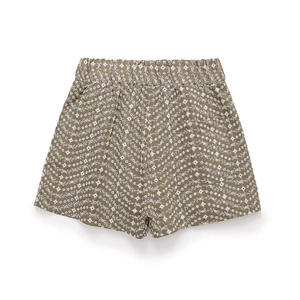 Olive green cotton linen shorts with white floral embroidery and elastic waistband