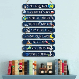 Space-themed wooden wall sign with astronaut illustrations and motivational quotes for kids