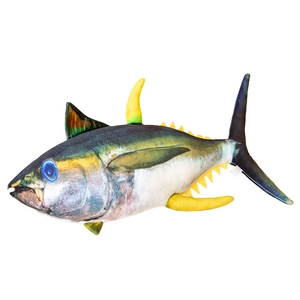Realistic 3D printed yellowfin tuna plush pillow with detailed blue back and silver belly