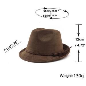 Size guide for dark brown suede fedora showing 56-58cm head circumference measurement
