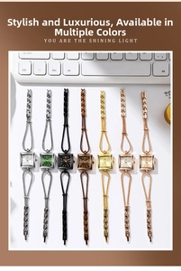 Detail view of square dial ladies' watches with chain straps in seven elegant colorways