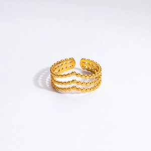Detail of multi-layer gold-plated stainless steel ring with wave bead lines