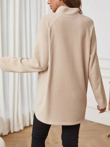 Back view of beige polar fleece maternity long sleeve t-shirt with stand collar design