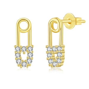 Zircon-studded safety pin earrings with heart detail on a clean white reflective background