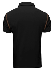 Detail of black polo shirt showing the back view and brown shoulder stitching accents