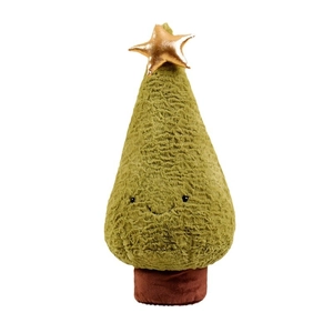 Cute green plush Christmas tree pillow with a golden star and smiling face on white background