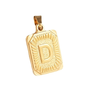 Golden square D-letter pendant necklace with sunburst texture on a minimalist gold chain
