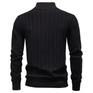 Rear view of black striped jacquard knit sweater with vertical texture and high neck collar