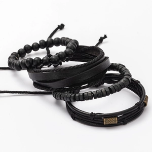 Men's retro multilayer black leather and wood bead bracelet set with alloy charms
