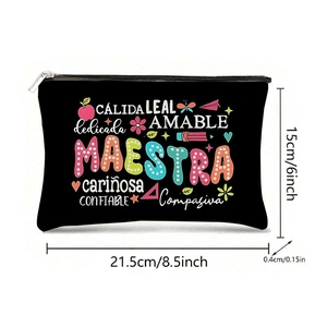Grote zwarte canvas make-up tas voor leraren met MAESTRA tekst ontwerp 21x15cm