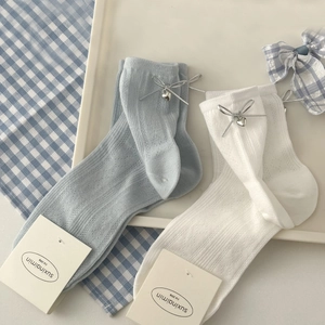 Chaussettes Mi-Mollet Femmes Coton Côtelé Ajouré Noeud Papillon Pendentif Coeur Métal Style Balletcore Doux Respirant