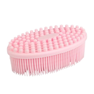 Pink double-sided silicone baby bath brush with soft massage bristles and scrubbing nubs
