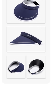 Detail of navy blue sun visor with white trim and adjustable strap for women