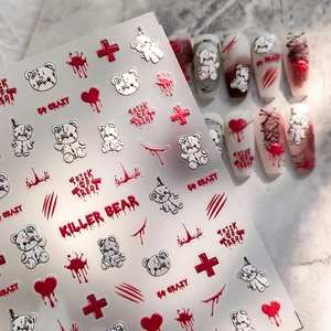 5D Embossed Nail Art Stickers Halloween Horror Killer Bear Bloodstain Cross Gothic Dark Punk Decoration