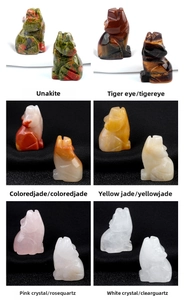 Detailed grid of 1-inch hand-carved crystal wolf figurines in six natural gemstones