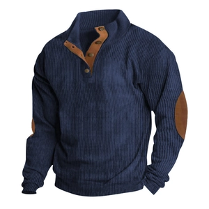 Men's dark blue corduroy outdoor jacket with stand collar and elbow patch accents