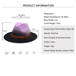 Gradient purple felt jazz hat with 56-58cm brim measurement and brown buckle band decoration