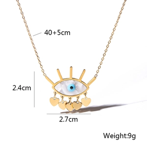 Detailed view of evil eye fringe necklace with heart charms and dimensions 2.7x2.4cm