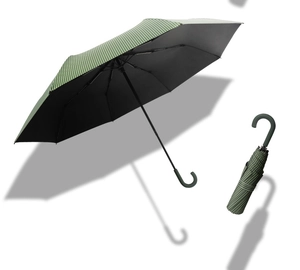 Close-up of forest green striped umbrella with black anti-UV coating and curved handle