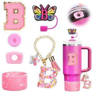 Pink Stanley cup accessory set with letter B charm butterfly straw cover and boot