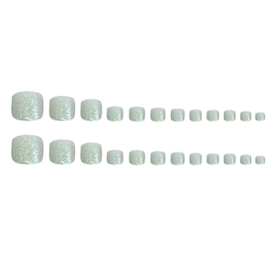 Sparkly silver holographic press-on toenails set featuring 24 pieces in various sizes