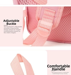 Detail of adjustable straps and cushioned handle on a pink cartoon kids' backpack