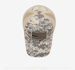 Top view of camouflage baseball cap with embroidery flag patch and breathable mesh detail