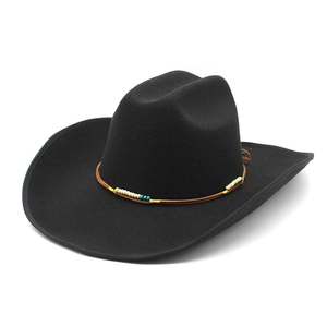 Classic black wool felt jazz hat with curved brim and vintage beaded brown band