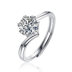 Detailed macro view of an adjustable S925 sterling silver ring with a six-prong diamond