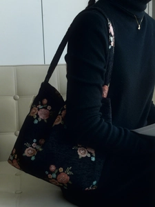 Vintage floral embroidered black tote shoulder bag with intricate textured fabric details