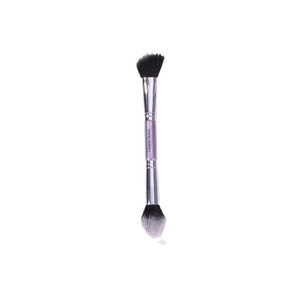 Dual-ended purple makeup brush with black angled bristles and white pointed brush tips