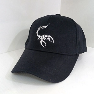 Unisex black hip-hop baseball cap featuring white scorpion embroidery on cotton fabric