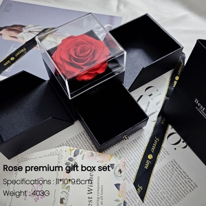 Detail of red preserved rose gift box with jewelry drawer and Forever Love ribbon