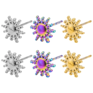 Detailed view of 304 stainless steel stud earrings in sunburst shape, gold silver and rainbow