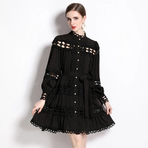 Elegant black long sleeve lace dress with Victorian collar and pearl button details