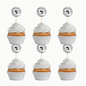 Silver mirror disco ball cake toppers with wooden sticks in a set of six for party decor