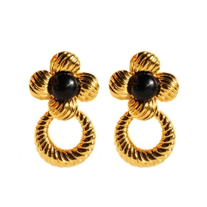 Boucles d'oreilles vintage dorées avec motif floral et cœurs en émail noir élégants