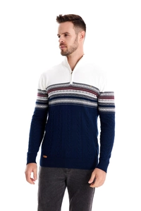 Close-up of knit texture, navy splicing, and leather logo detail on men's half-zip sweater