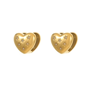 Elegant gold heart earrings with star-patterned zircon inlay on a clean white background