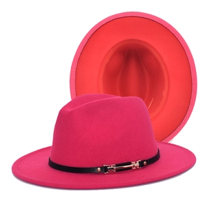 Two-tone felt fedora hat in magenta and black with leather band and gold buckle