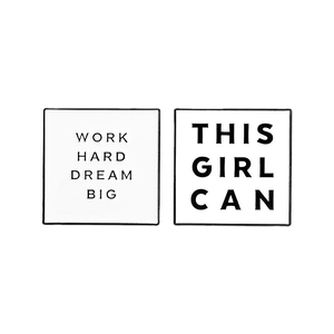 Minimalist square enamel pins set featuring 'THIS GIRL CAN' and 'WORK HARD' motivational text