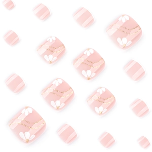 Fresh pink press-on toe nails with white flower petals and golden glitter patterns