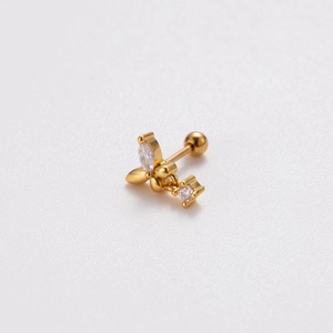 Detail of gold floral cartilage stud earring featuring clear cubic zirconia and screw back