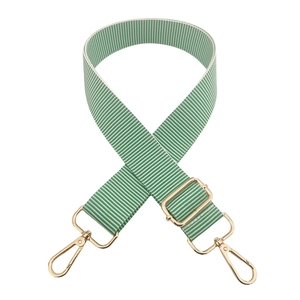 Adjustable green and white striped replacement shoulder strap with gold metal hooks